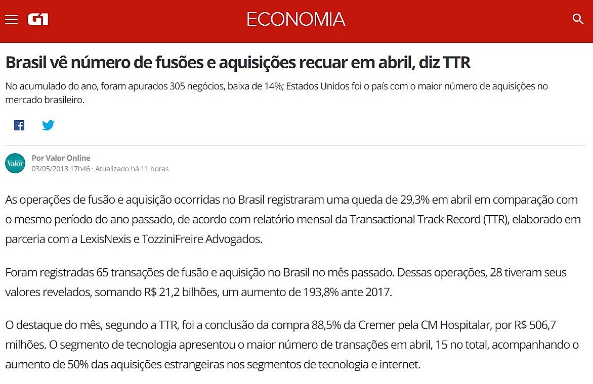Brasil v nmero de fuses e aquisies recuar em abril, diz TTR